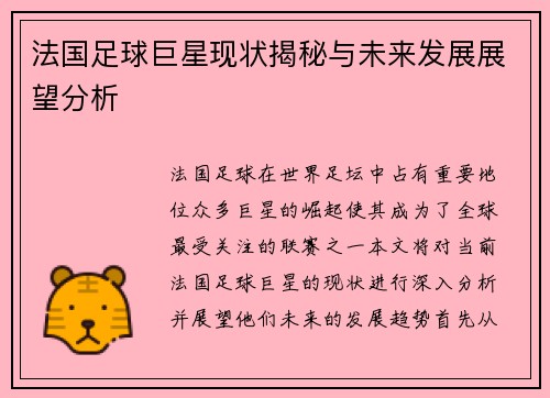 法国足球巨星现状揭秘与未来发展展望分析